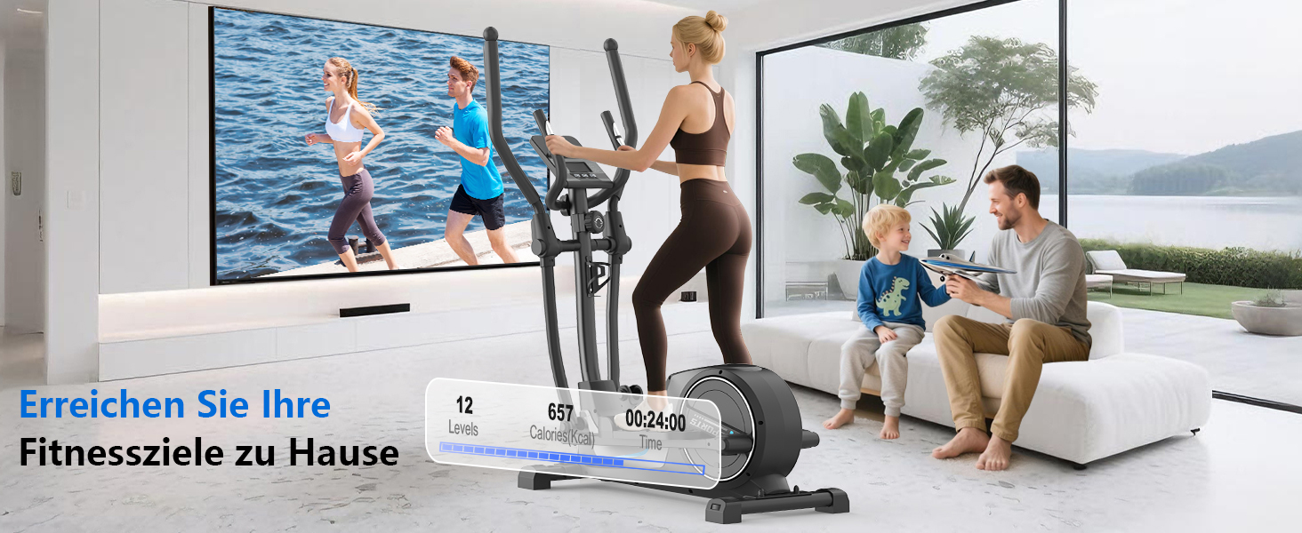 Еліптичний тренажер Neezee для дому, ультратихий з 16 рівнями опору, 8 кг маховиком, довжиною кроку 16,5 дюймів, LCD-дисплеєм, витримує до 150 кг (Schattenschwarz, LCD-монітор (Класичний))