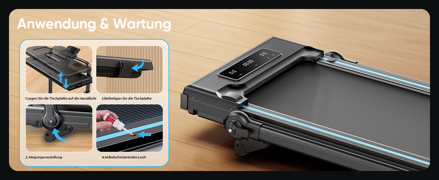 Складне бігове полотно 6-в-1 для дому, складане з регульованим столом, потужність 3.0HP, нахил до 12%, швидкість 12 км/год, Walking Pad з телескопічним підйомником 15 см та RGB-підсвіткою, максимальне навантаження 150 кг, чорно-блакитний колір