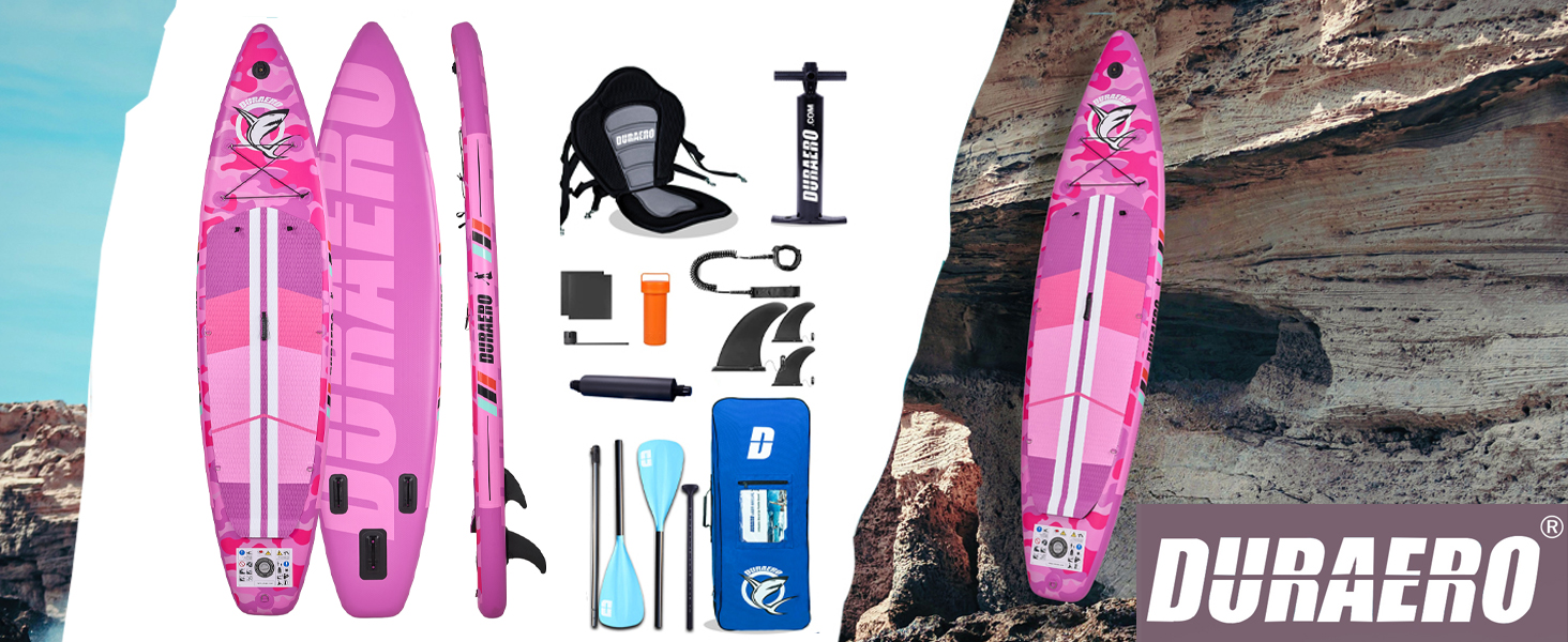Надувний SUP Борд Stand Up Paddle Board Set, 330x76x15см, з кріслом для каяка, тримачем для камери, інтегрованим кік-педом, регульованим веслом, 3 фінами, повним аксесуаром, до 150кг, рожевий