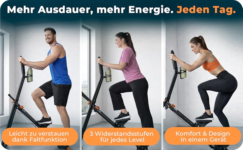 Movana Треп'якливий степер для дому: фітнес-тренажер з 3 рівнями складності, тестування, підставка для телефону та пляшки, кардіо та силові вправи, тренажер для підйому сходами