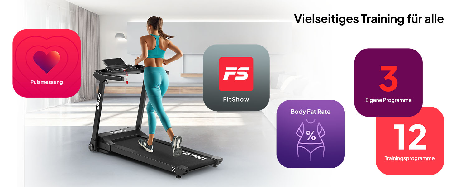 Біговий тренажер ZIPRO Klappbar: 1-16 км/год, 12 рівнів нахилу, LED-дисплей, компактний та тихий, з додатком