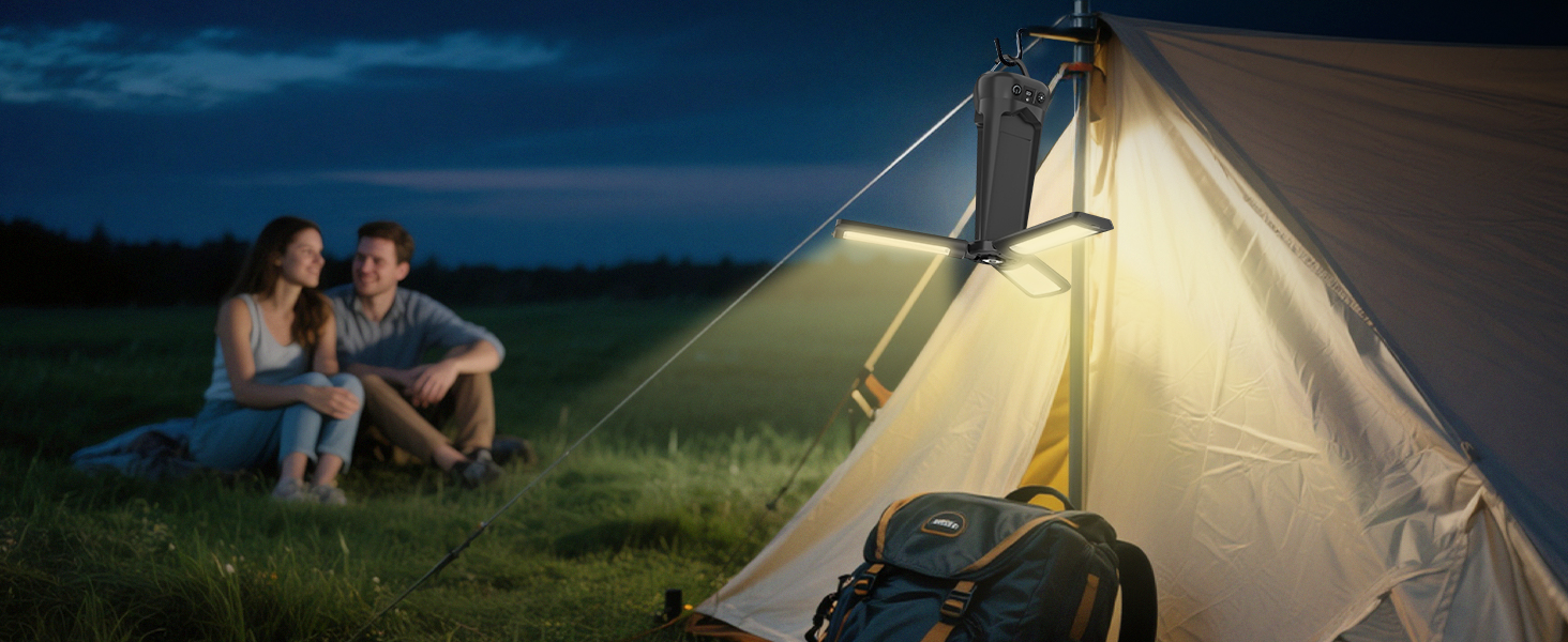 Портативна LED кемпінгова лампа на акумуляторі 15000mAh з телескопічним штативом, 5500LM, IP65, вологостійка, для кемпінгу, подорожей, будівництва та надзвичайних ситуацій (чорна)