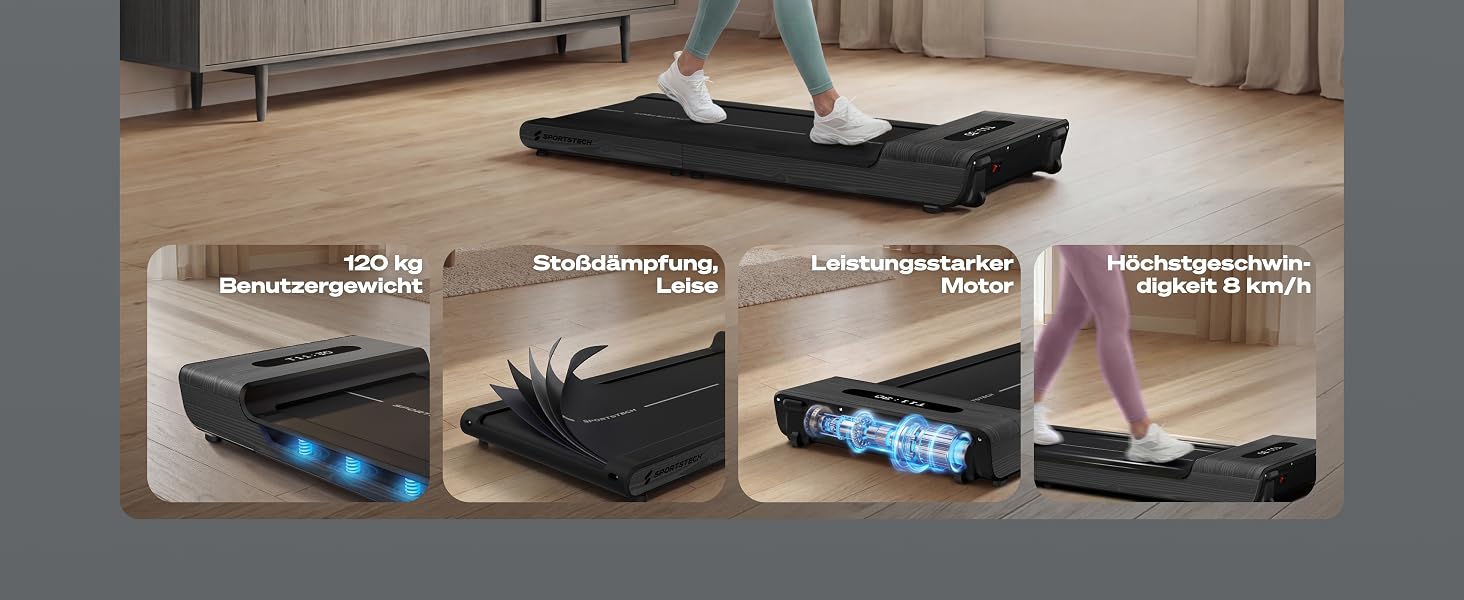 Складана бігова доріжка для ходьби Sportstech WoodPad Pro: компактна доріжка для дому та офісу, до 8 км/год, з лічильником кроків та підтримкою застосунку, витримує до 120 кг