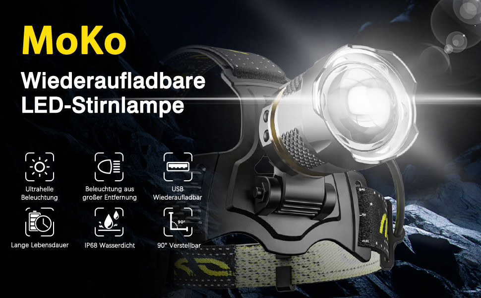 Ліхтар налобний MoKo LED 100000 Люмен, акумулятор 10200 mAh, 8 режимів, IP68, регульований, для кемпінгу, риболовлі (Чорний/Золотий)