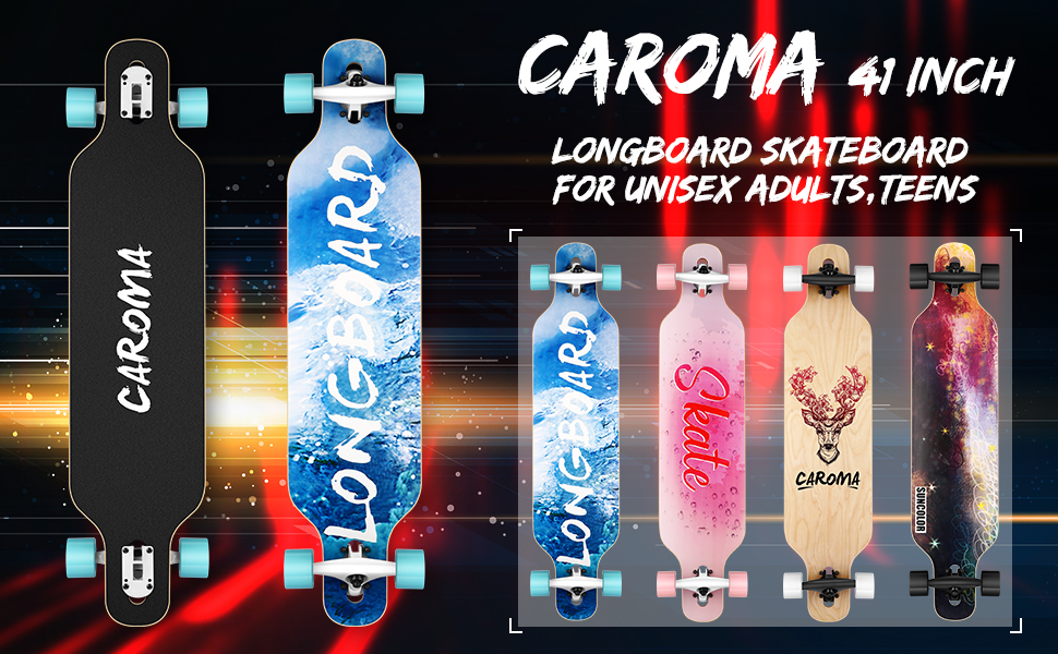 Скейтборд CAROMA Longboard 41 дюймова повна дошка з підшипниками ABEC-11, скейтборди для фрірайду Cruiser, лонгборди з клена Хлопчики Дівчатка Щітка Дошка для вуличних танців для початківців дорослих Teen Pink