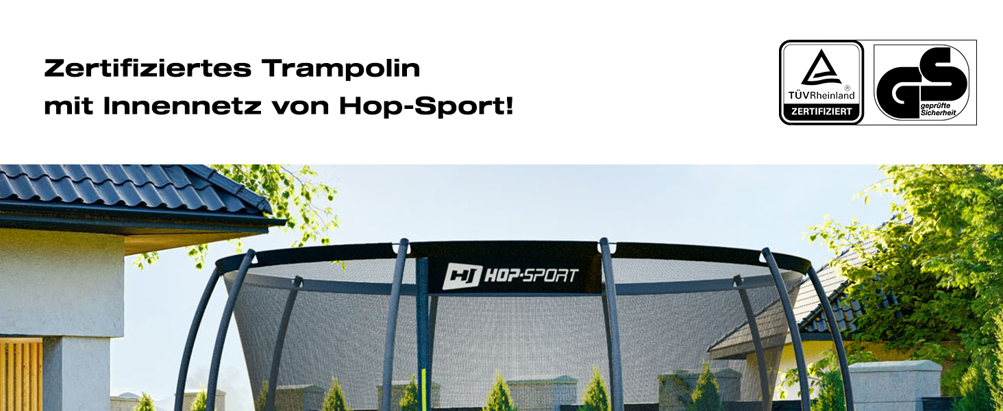 Трамплін Hop-Sport Outdoor - діаметр 244/305/366/427/488 см. З безпечним внутрішнім сіткою, вигнутими стійками та сертифікатами безпеки. Комплект з драбиною та захисним бордюром (305 см)