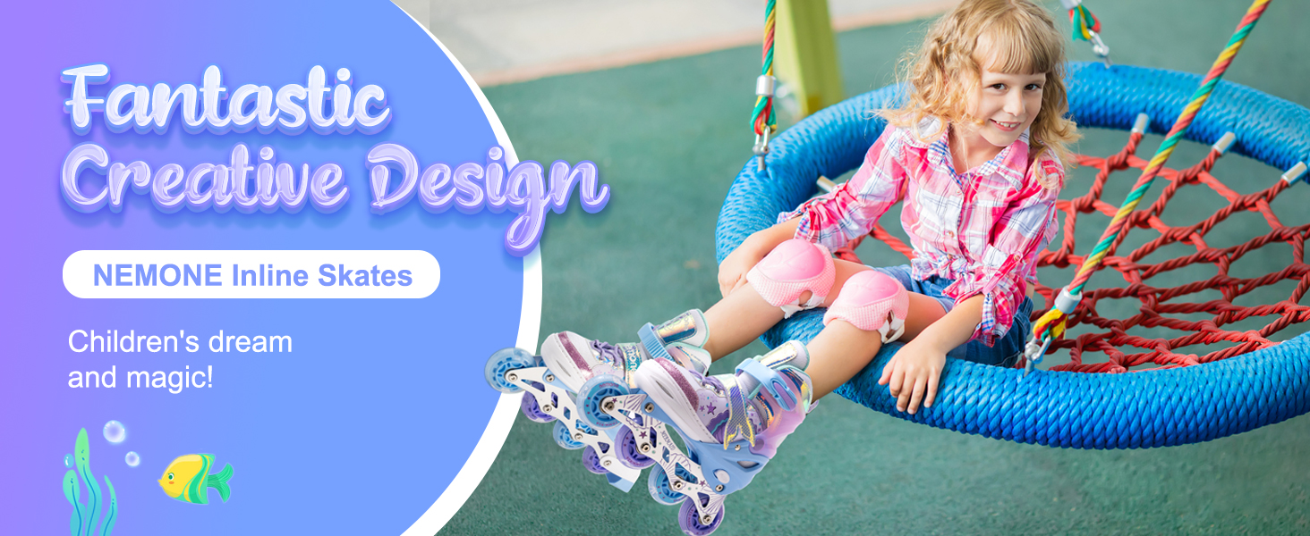 Інлайнери NEMONE для дівчаток, 4 розміри, регульовані, блакитний/фіолетовий, для дому та вулиці, розмір 37-39 EU, модель 'Морська русалка'