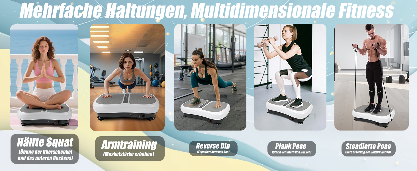 Вібраційна платформа для фітнесу: тренування вдома, 99 рівнів інтенсивності, 5 програм, Bluetooth, масаж, розвиток м'язів, EU-03W