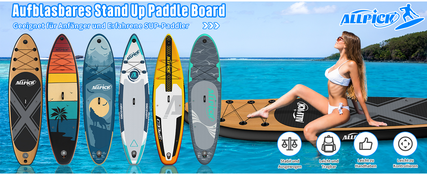 Надувний SUP Борд ALLPICK Premium з аксесуарами, тримачем для камери, регульованим веслом, для початківців та досвідчених, 200 кг, вінтажний дизайн з імітацією текстури дерева