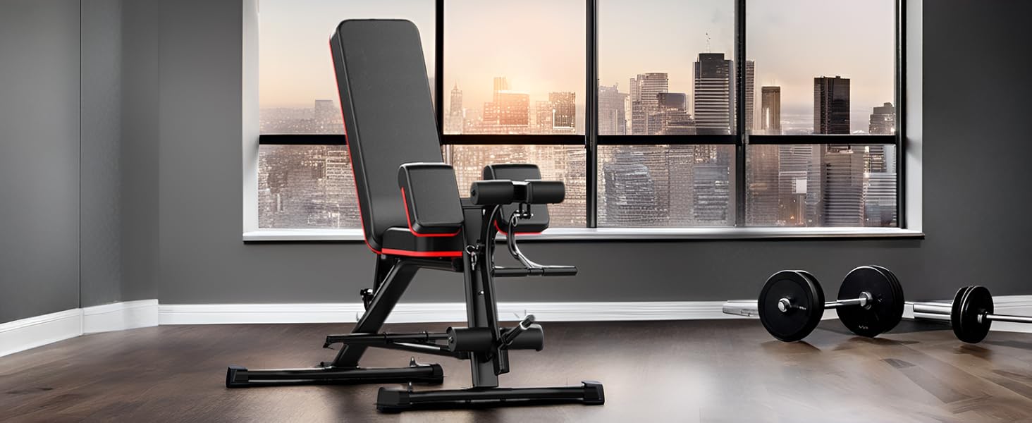 Універсальна лава для тренувань з гантелями та штангою, регульована, для силових, гантельних та пресових вправ, чорна (оновлена версія)