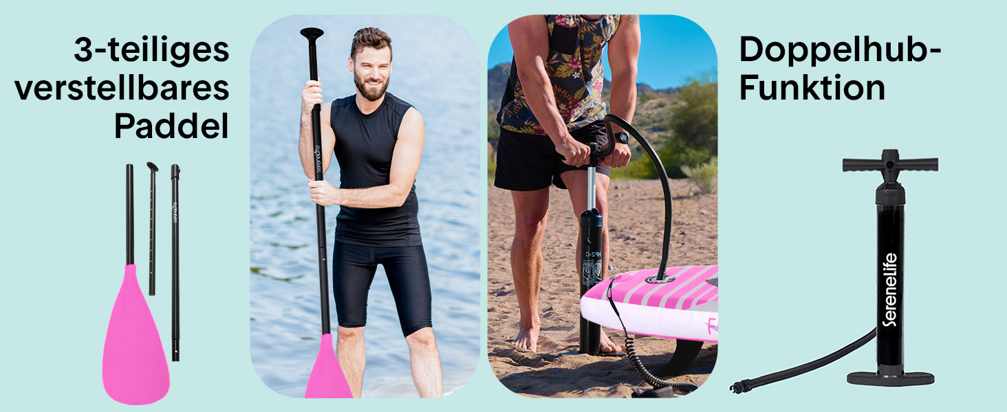 SUP дошка SereneLife з повним комплектом аксесуарів, рожева – для плавання стоячи, надувна, з веслом