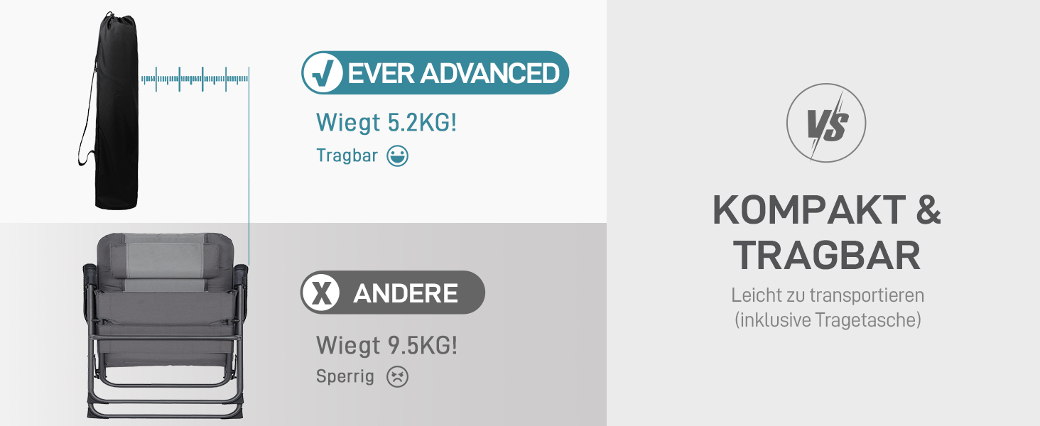 Крісло для кемпінгу Ever Advanced: регульована спинка, 160 кг, з кишенею та тримачем для напоїв, для риболовлі, кемпінгу, саду, балкону