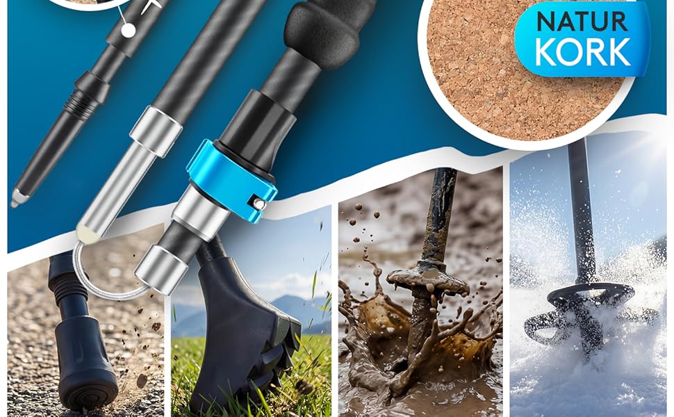 Телескопічні палиці для скандинавської ходьби та хайкінгу з карбону та алюмінію, з корковими ручками, регульовані за висотою, унісекс