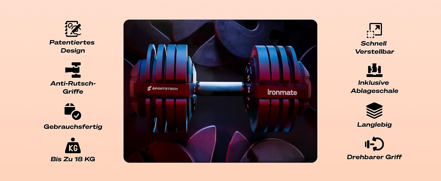 Ironmate Регульовані гантелі для дому, 1.5-18/24/40 кг, з набором дисків, 12-16 ваг, компактні, з неслизьким грифом, для силових тренувань, з підставкою (Ironmate 24 чорні)
