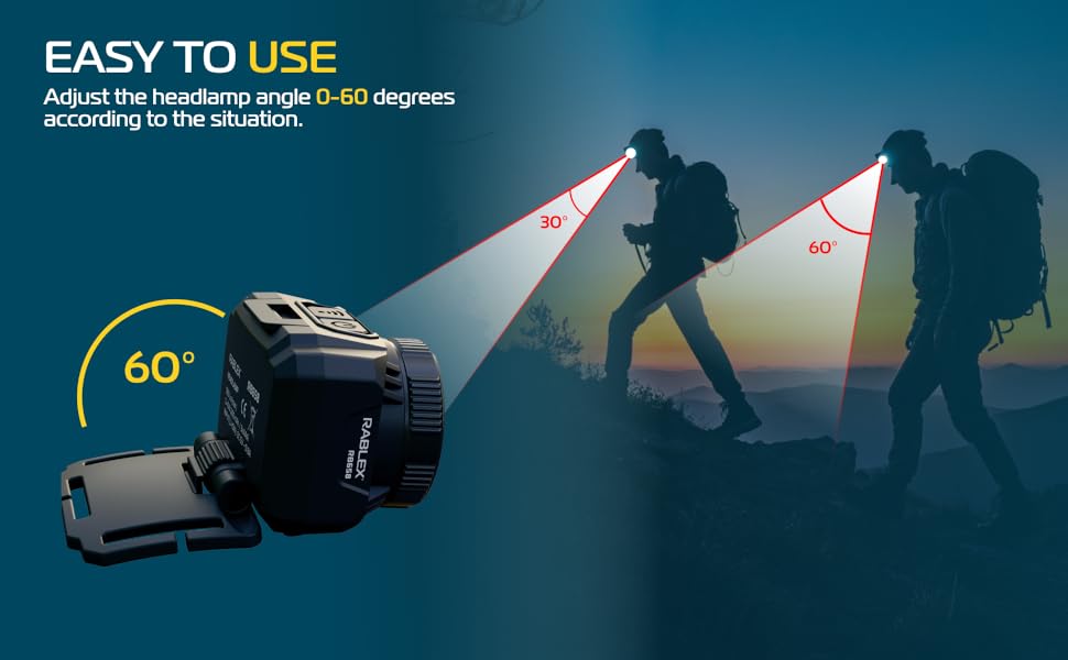 RABLEX RB658 LED-ліхтар на голову, 550 люмен, перезарядна козялка з 7 режимами, червоне світло, датчик, USB, IPX6, водонепроникний, компактний, для кемпінгу та походів