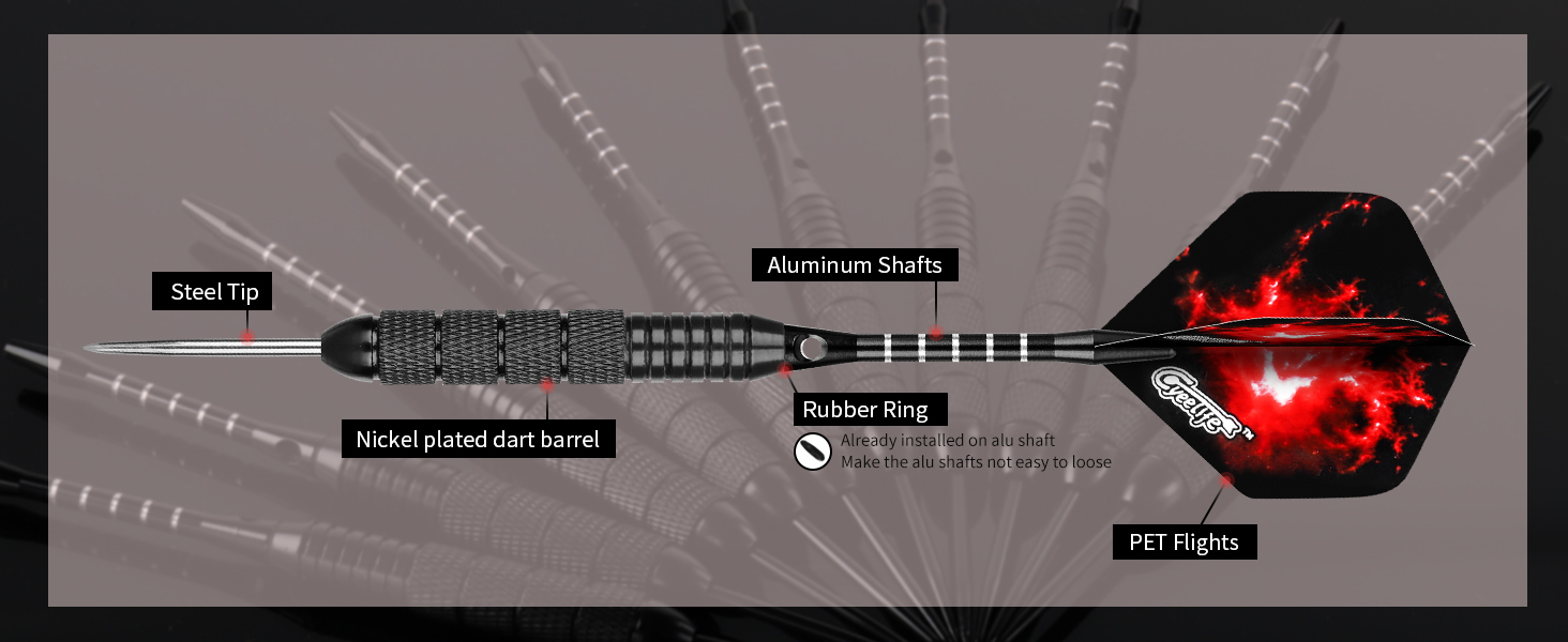 Професійні сталеві дротики CyeeLife з металевими наконечниками (12 шт.) + 24 пір'я + точилка, 22 г (Чорні)
