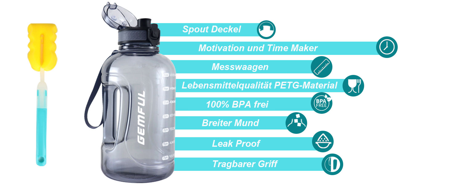 Фляга спортивна GEMFUL 2L з мітками часу - BPA-free, без витоку, з ручкою для фітнесу, офісу та відпочинку (Сіра)