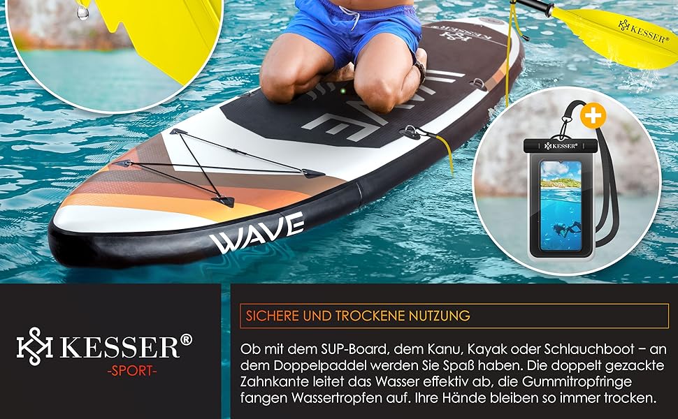 Весло KESSER® Paddle Doppelpaddel для каяка, SUP, Stand-Up Paddling Board, 228 см, алюміній, з мотузкою безпеки, чохлом для телефону, для надувних човнів (жовтий)