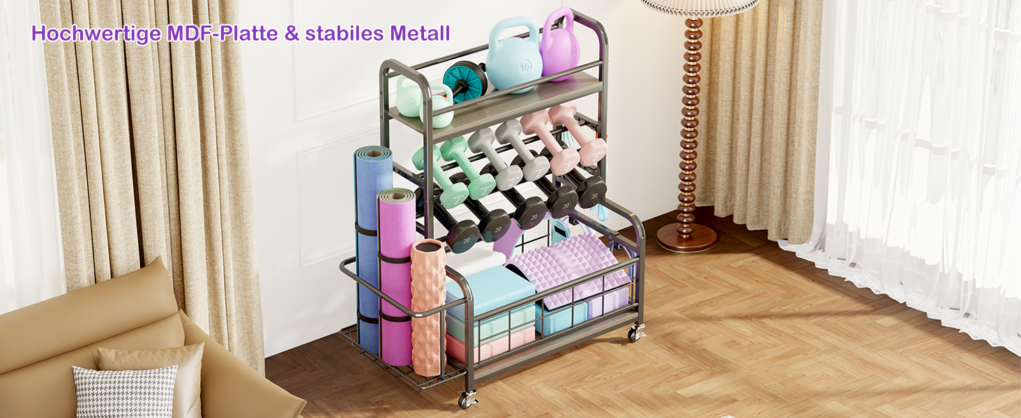 Стійка для гантелей Homeiju: зберігання гантелей, гир, йога-матів, з колесами та гачками (сіра)