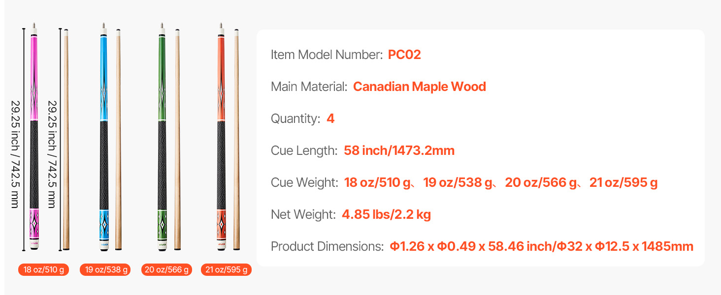 Кю (біліардна палиця) VEVOR, 147.3 см, з багатошаровим наконечником, ABS-з'єднувальний кільце, для професійного більярду, бару, дому, офісу (канадський клен, 4-секційна)