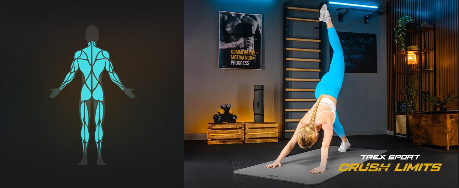 TREX SPORT Килимок для гімнастики та фітнесу | Товстий та м'який, 190x80x1 см, з ручкою для перенесення, неслизький, сірий | Килимок для йоги