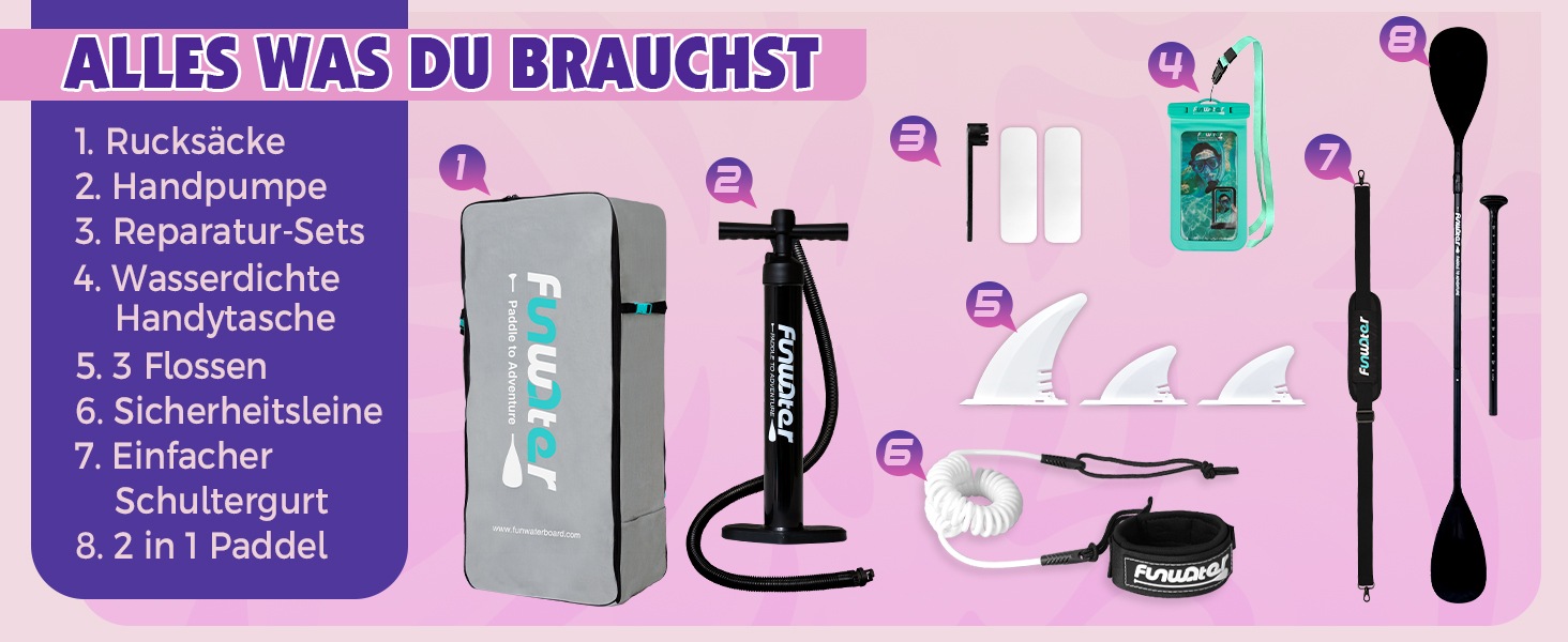 Надувний SUP Борд FunWater 10'6'-11'6' – для початківців та сімей, з антиковзким EVA-деком, веслом, насосом та аксесуарами (10'6-TIKI-Pink/Violett/Weiß)