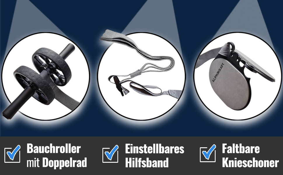 ALPHAKRAFT Ролик для пресу AB Roller з гумовим кільцем та накладками на коліна | Преміум ролик для тренування м'язів живота вдома | Ролик для пресу та тренажер для кора з планом тренувань