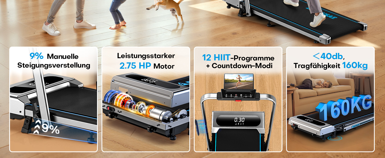 Біговий тренажер для дому 5-в-1, складаний, з регулюванням нахилу до 9%, потужність 2.75HP, LED-дисплей, сумісність з додатком, 12 програм, срібно-блакитний, 12 км/год