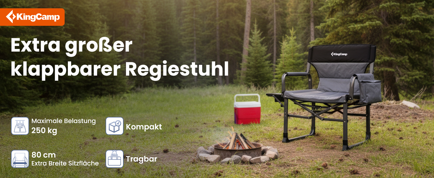 Компактний складаний стілець для кемпінгу KingCamp до 200 кг з боковим столиком та м'якими підлокітниками, антрацит