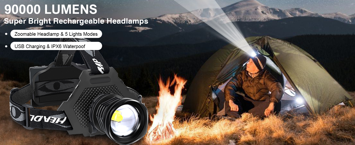 Ліхтар на лоб LED XHP70 з USB зарядкою, 90000 люмен, 5 режимів, Zoom, водонепроникний, для кемпінгу, полювання, бігу, риболовлі, велоспорту (чорний)