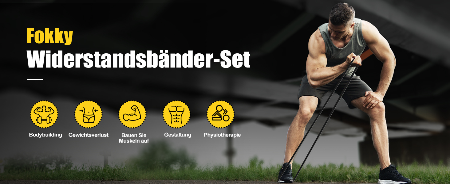 Набір еластичних стрічок для фітнесу Fokky Fitnessbänder: для силових тренувань, йоги, пілатесу. 5 стрічок, дверний анкер, захисні накладки, ручки.