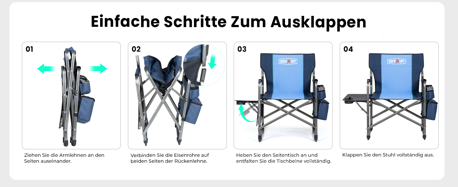 Крісло для кемпінгу OVERMONT: складне, з бічним столиком та сумкою-холодильником, до 180 кг, блакитне