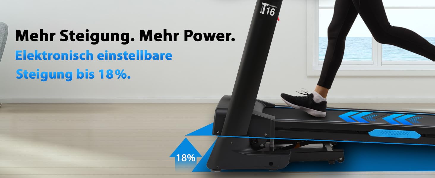 Біговий тренажер AsVIVA T16 Profi: 18 км/год, 4 PS, 18% нахил, складний, Bluetooth, до 150 кг, для кардіотренувань вдома