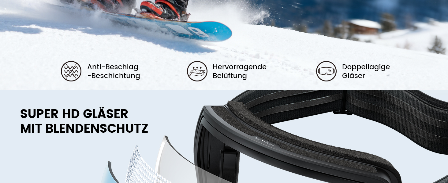 Ламікал - скі-маска для чоловіків та жінок, сноуборд маска з OTG - [Ultra HD та ширший огляд] - TOP антитуманна скі маска для носіїв окулярів, дзеркальна сноуборд маска, скі маска UV400 з захистом від відблисків (Покращена версія - чорний каркас - синій (VLT: 11%))