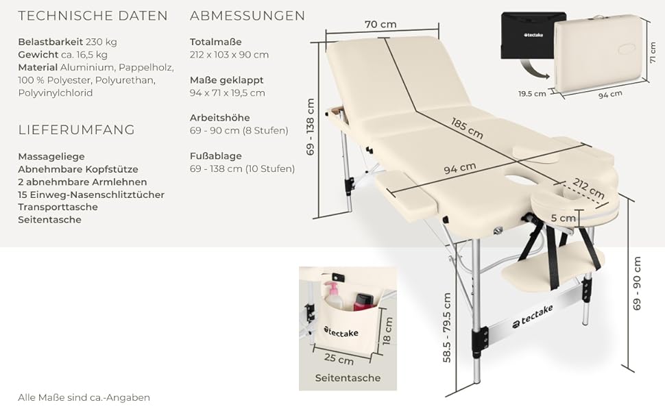 Масажний стіл Tectake® 3 зони, складаний, з регулюванням висоти, алюмінієвий, з аксесуарами (підголовник, підлокітники, сумка) - бежевий