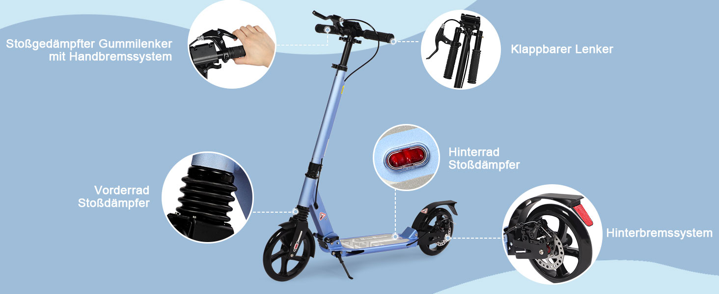 Дитячий складний самокат для дітей 8-15 років з великими колесами 200 мм, дисковими гальмами та регульованою висотою, синій