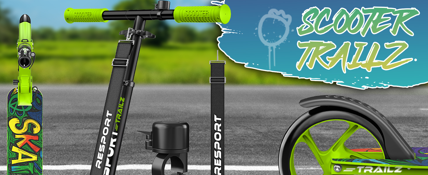 Дитячий та дорослий трюковий самокат Cityroller з дзвінком та ременем | Регульована висота, складаний, до 100 кг | Великі колеса, Kickscooter, турквіс