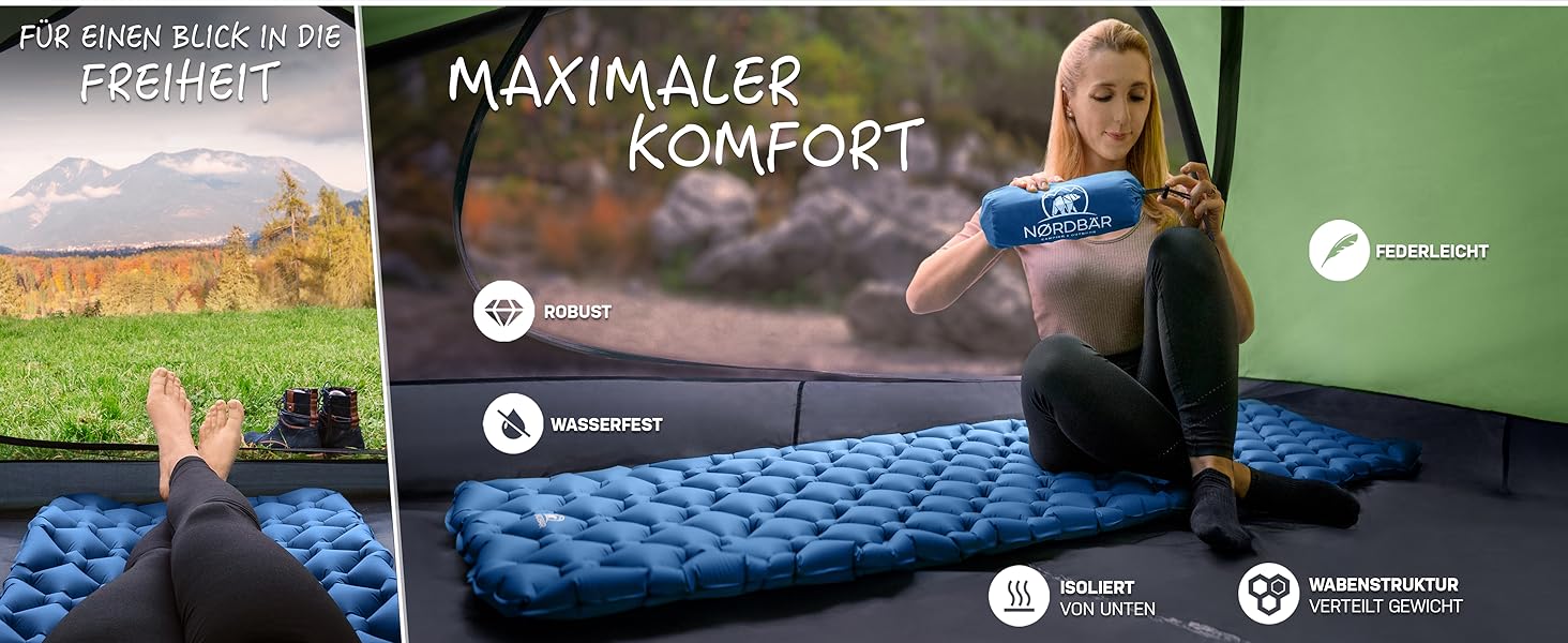 Надувний килимок для кемпінгу NORDBÄR® Ultraleicht: Легкий, компактний, для відпочинку на природі, Outdoor, Zelten, блакитний