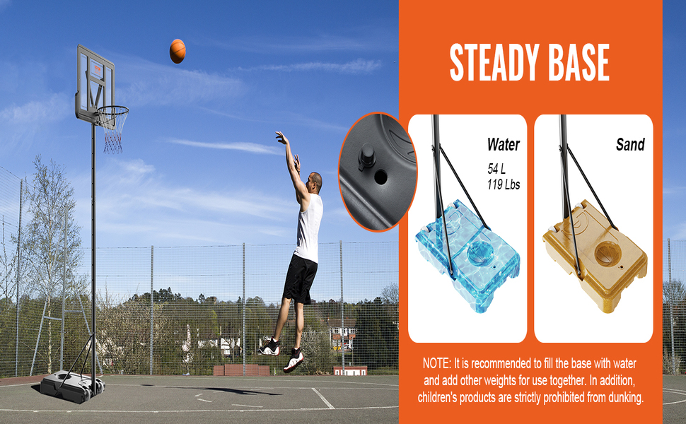 Баскетбольне кільце VEVOR вуличне з підставкою 122-305 см, регульована висота, чорне, стійке до погодних умов та іржі, мобільне (з водою/піском), діаметр 44 см