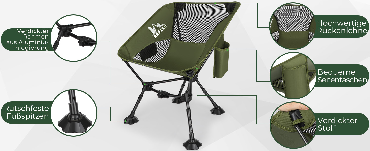 Складний туристичний стілець JONRRYIN для кемпінгу та відпочинку на природі: легкий, з кишенями та сіткою на спинці