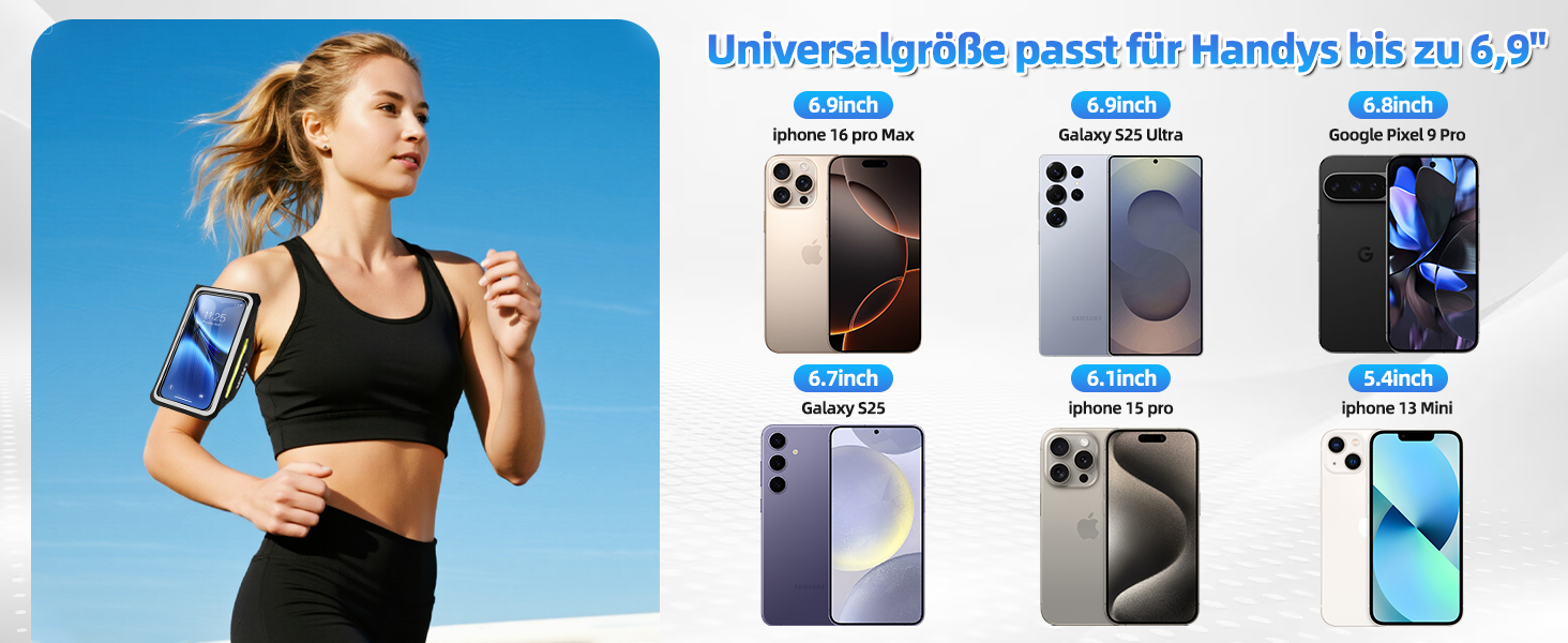 Спортивний браслет на руку для бігу з відділенням для телефону та ключей, чорний. Сумісний з iPhone 17/16/15/14/13/12/11 Pro Max/Plus. Оновлена модель, до 6.9 дюймів.