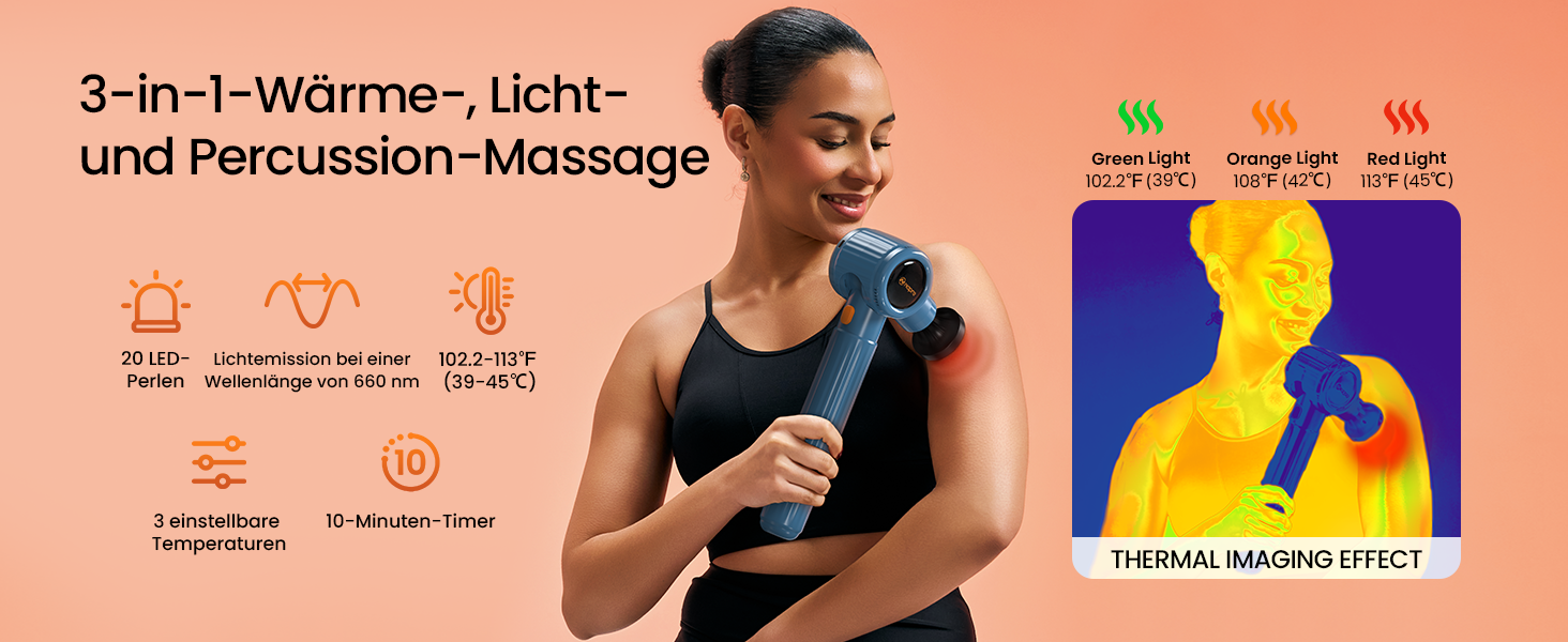 Масажний пістолет Napre з підігрівом та червоною світлотерапією для м'язів спини та шиї, з подовжувальною ручкою та 3 кутами нахилу