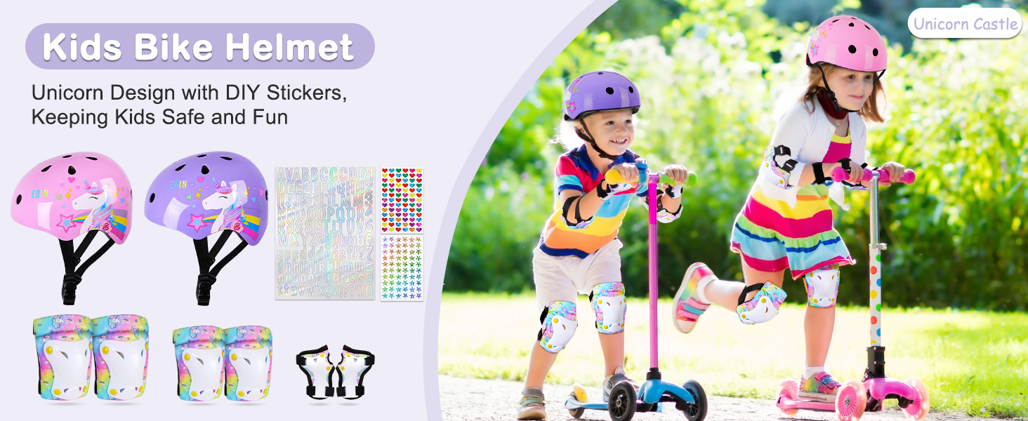 Дитячий шолом Unicorn Castle 7-в-1 з наколінниками, налокітниками та захистом зап'ястків для скейтборду, роликів, велосипеда (3-8 років), фіолетовий