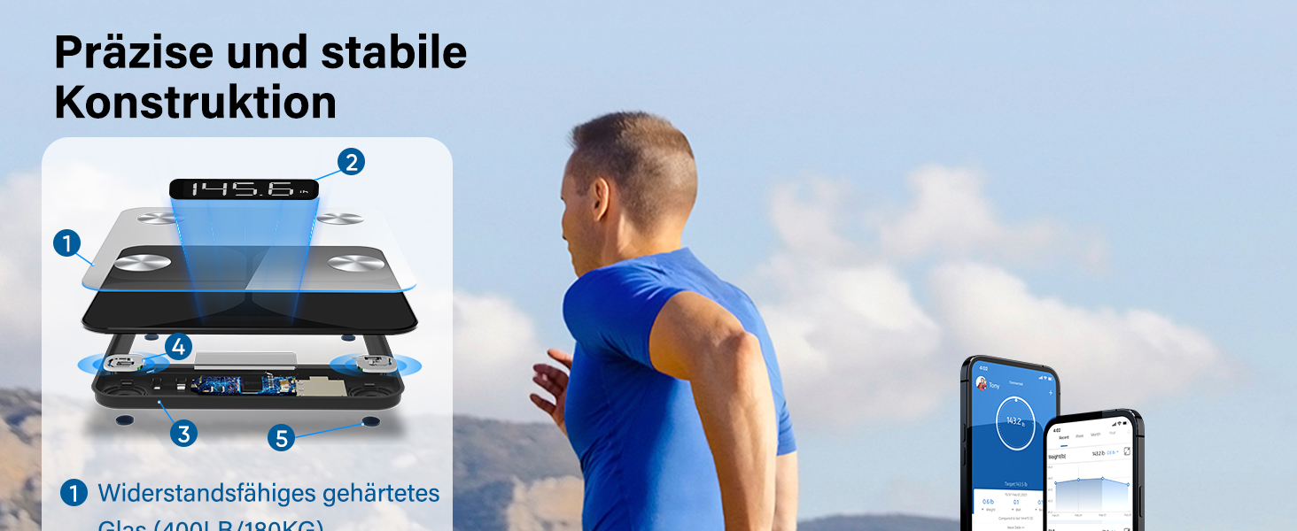 Інтелектуальна вага для вимірювання жиру та м'язів з Bluetooth, 180 кг, чорна