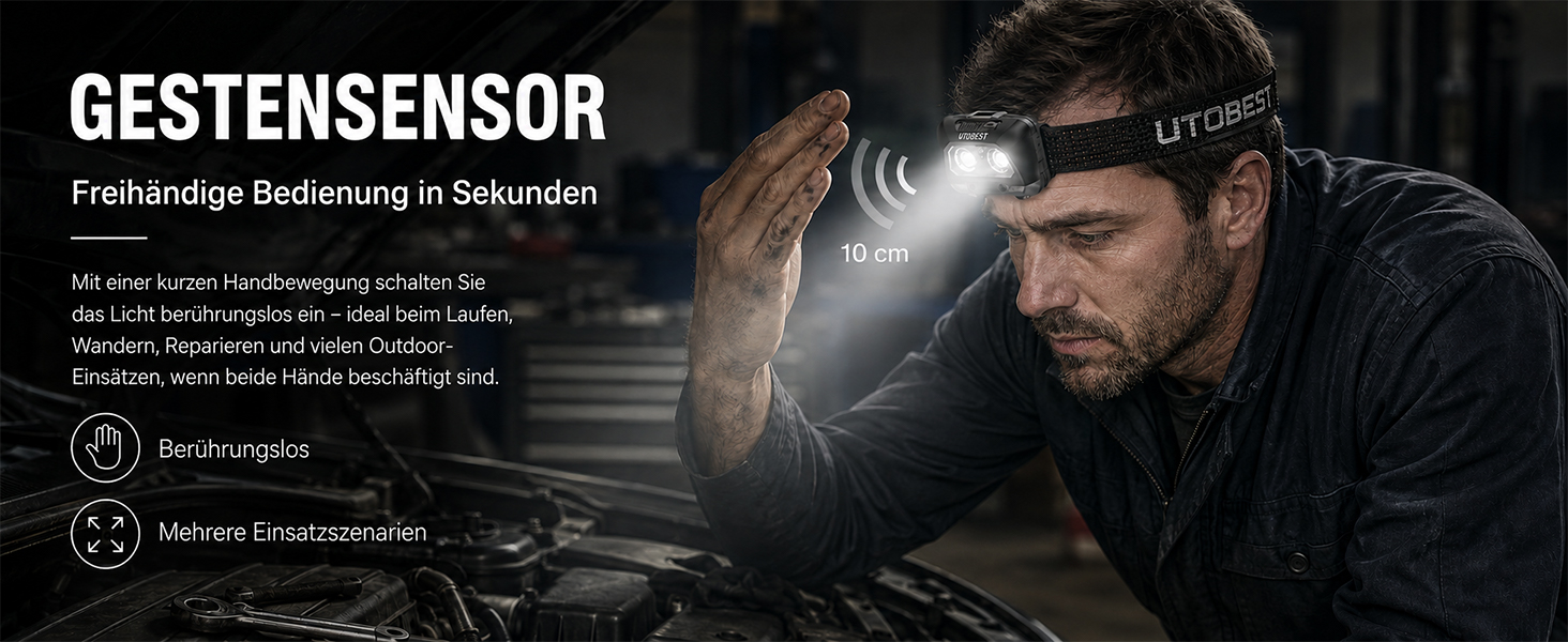 Світлодіодний налобний ліхтарик UTOBEST, акумуляторний (USB) або на AAA-батарейках, чорний