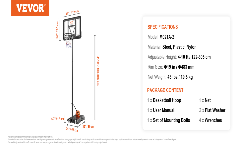 Баскетбольне кільце VEVOR вуличне з підставкою 122-305 см, регульована висота, чорне, стійке до погодних умов та іржі, мобільне (з водою/піском), діаметр 44 см
