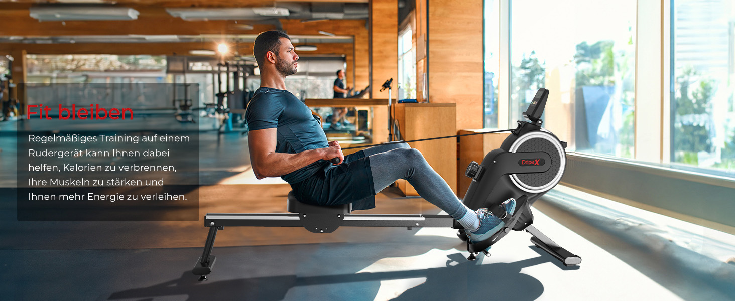 Дріпекс - тренажер для дому, бігова доріжка для веслування, до 160 кг, 16 рівнів опору, Bluetooth, LCD, тихий, чорний