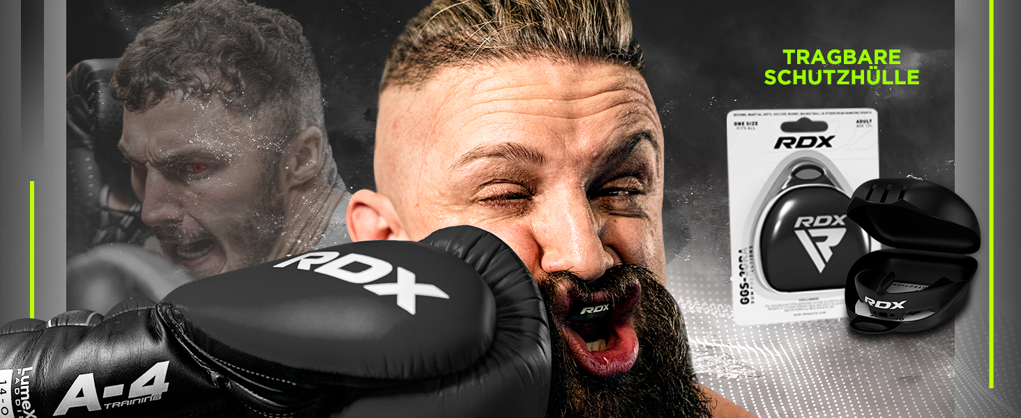 Капа для захисту зубів RDX для бойових видів спорту, MMA, кікбоксингу, хокею, футболу, м'яку рукавичку, регбі. Зручна коробка для зберігання. Для дорослих (від 12 років). Чорний колір.