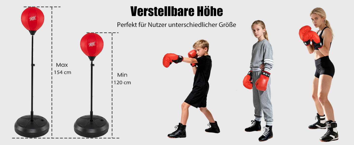 GYMAX Набір для боксу з боксерським мішком 120-154 см, регульований, з рукавичками та насосом, стійка для дітей та дорослих, для боксу, кікбоксингу, швидкісних тренувань, зняття стресу