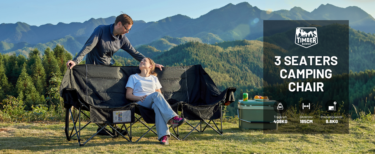 Крісло для кемпінгу Timber Ridge на 2 особи, розкладне, чорне, XXL, 320 кг, з великими кишенями, для відпочинку на природі, в саду, на балконі, в приміщенні